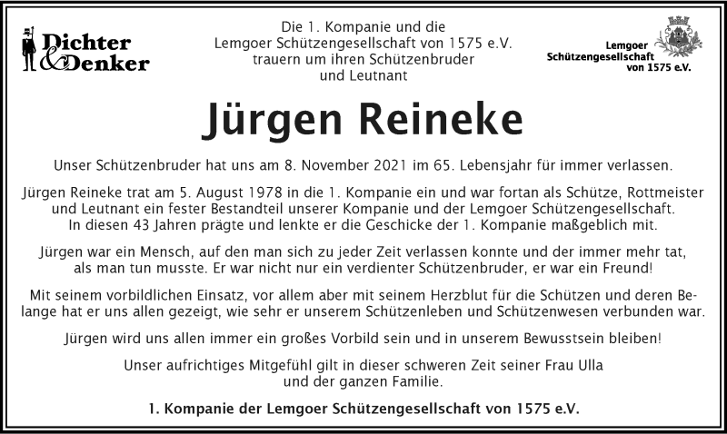  Traueranzeige für Jürgen Reineke vom 13.11.2021 aus Lippische Landes-Zeitung