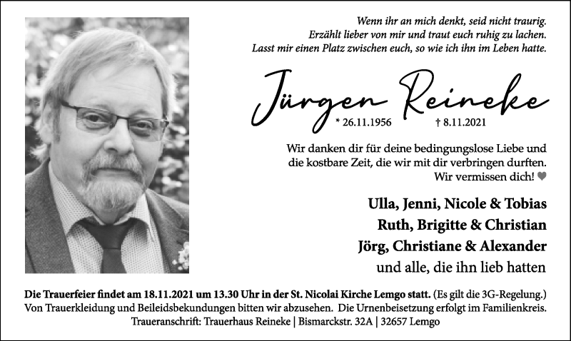  Traueranzeige für Jürgen Reineke vom 13.11.2021 aus Lippische Landes-Zeitung