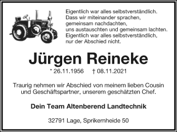 Anzeige  Jürgen Reineke  Lippische Landes-Zeitung