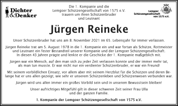 Anzeige  Jürgen Reineke  Lippische Landes-Zeitung