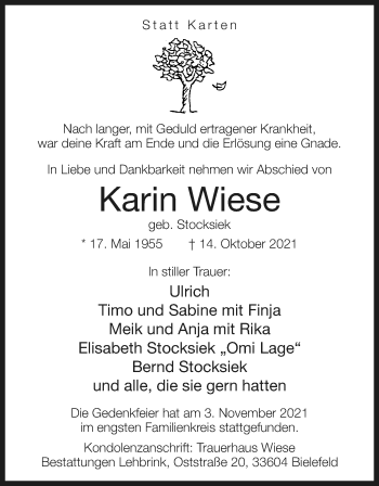 Anzeige  Karin Wiese  Lippische Landes-Zeitung
