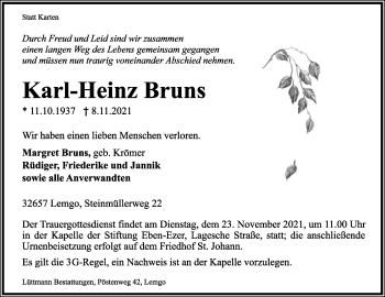 Anzeige  Karl-Heinz Bruns  Lippische Landes-Zeitung