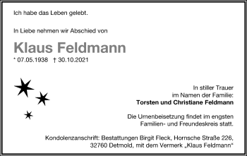 Anzeige  Klaus Feldmann  Lippische Landes-Zeitung