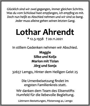 Anzeige  Lothar Ahrendt  Lippische Landes-Zeitung