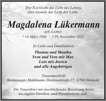 Anzeige  Magdalena Lükermann  Lippische Landes-Zeitung