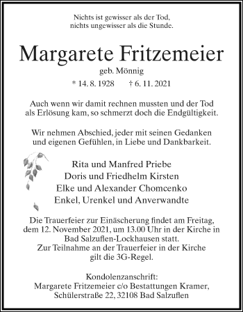 Anzeige  Margarete Fritzemeier  Lippische Landes-Zeitung