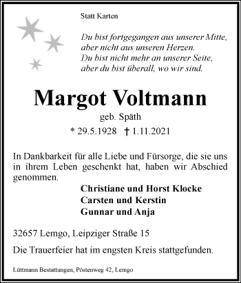 Anzeige  Margot Voltmann  Lippische Landes-Zeitung