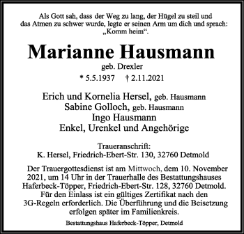 Anzeige  Marianne Hausmann  Lippische Landes-Zeitung