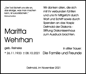 Anzeige  Maritta Wehrhan  Lippische Landes-Zeitung