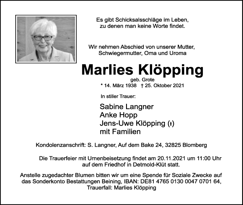  Traueranzeige für Marlies Klöpping vom 06.11.2021 aus Lippische Landes-Zeitung