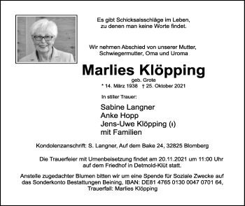 Anzeige  Marlies Klöpping  Lippische Landes-Zeitung