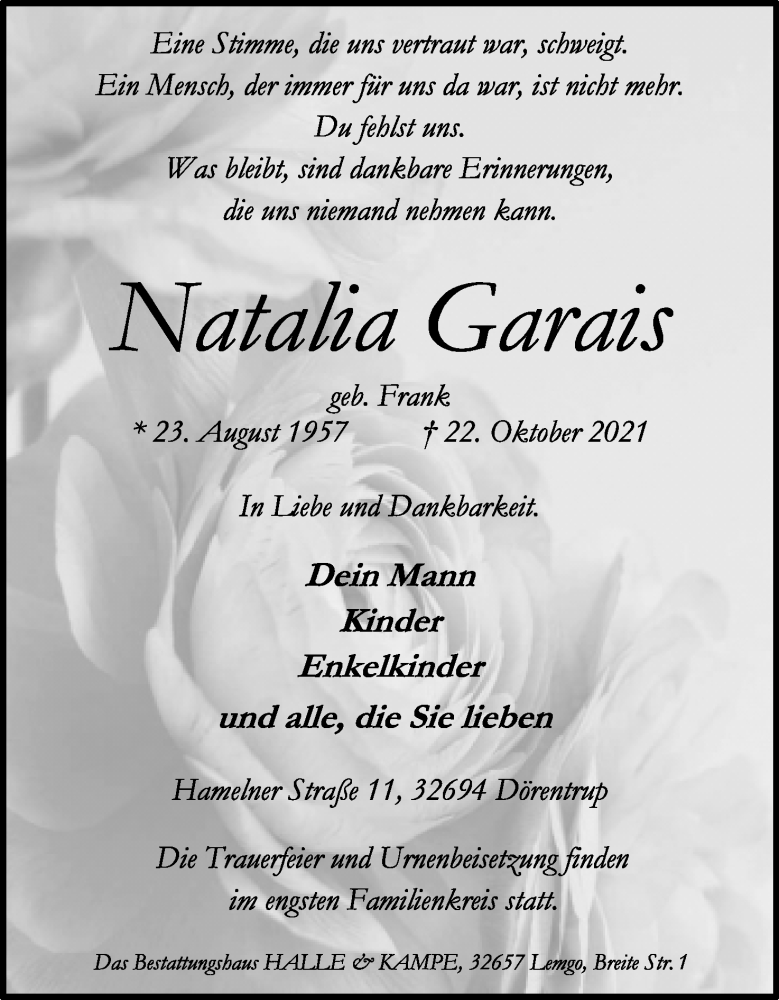  Traueranzeige für Natalia Garais vom 06.11.2021 aus Lippische Landes-Zeitung