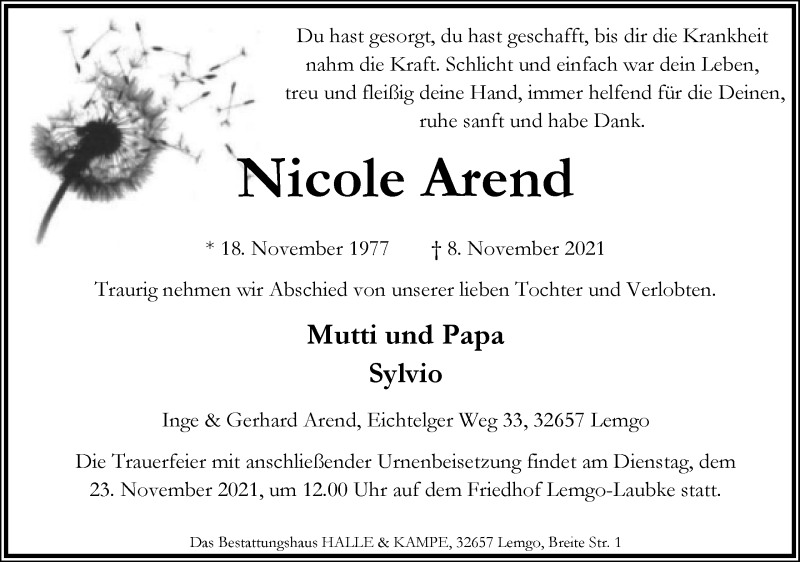  Traueranzeige für Nicole Arend vom 20.11.2021 aus Lippische Landes-Zeitung