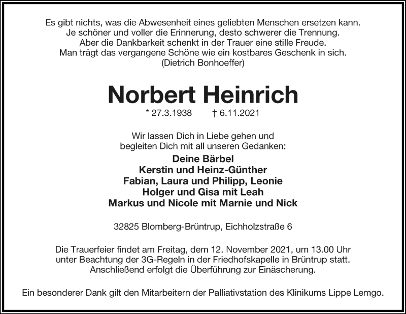  Traueranzeige für Norbert Heinrich vom 10.11.2021 aus Lippische Landes-Zeitung