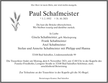 Anzeige  Paul Schafmeister  Lippische Landes-Zeitung