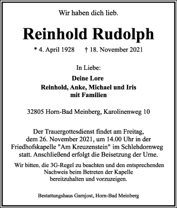 Anzeige  Reinhold Rudolph  Lippische Landes-Zeitung