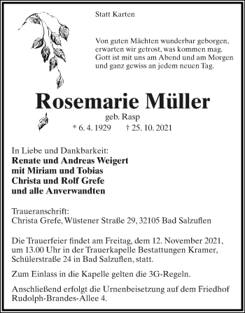 Anzeige  Rosemarie Müller  Lippische Landes-Zeitung