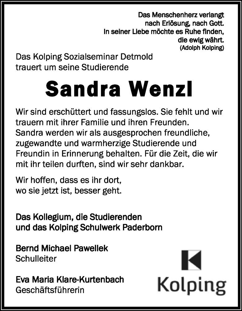  Traueranzeige für Sandra Wenzl vom 27.11.2021 aus Lippische Landes-Zeitung