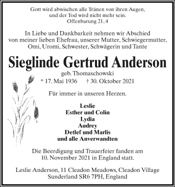 Anzeige  Sieglinde Gertrud Anderson  Lippische Landes-Zeitung