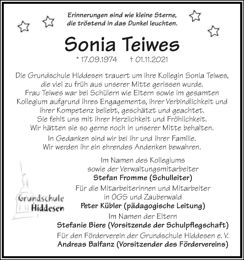  Traueranzeige für Sonia Teiwes vom 06.11.2021 aus Lippische Landes-Zeitung