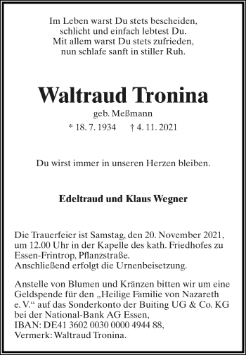 Anzeige  Waltraud Tronina  Lippische Landes-Zeitung
