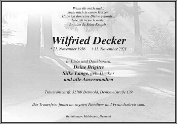 Anzeige  Wilfried Decker  Lippische Landes-Zeitung