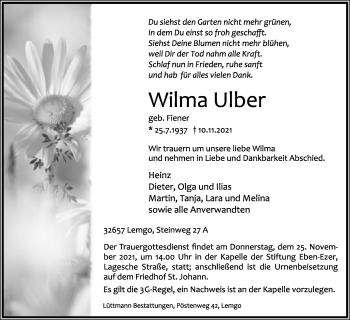 Anzeige  Wilma Ulber  Lippische Landes-Zeitung