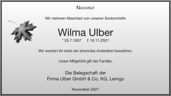 Anzeige  Wilma Ulber  Lippische Landes-Zeitung