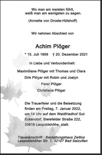 Anzeige  Achim Plöger  Lippische Landes-Zeitung