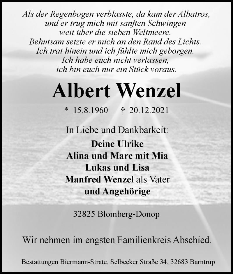  Traueranzeige für Albert Wenzel vom 24.12.2021 aus Lippische Landes-Zeitung