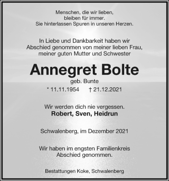 Anzeige  Annegret Bolte  Lippische Landes-Zeitung
