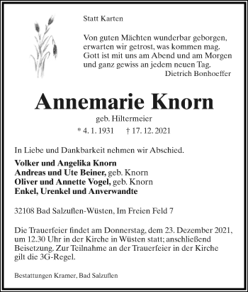 Anzeige  Annemarie Knorn  Lippische Landes-Zeitung
