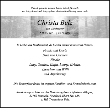 Anzeige  Christa Belz  Lippische Landes-Zeitung