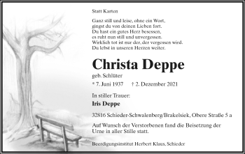 Anzeige  Christa Deppe  Lippische Landes-Zeitung