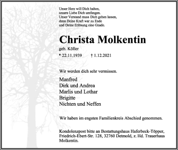 Anzeige  Christa Molkentin  Lippische Landes-Zeitung