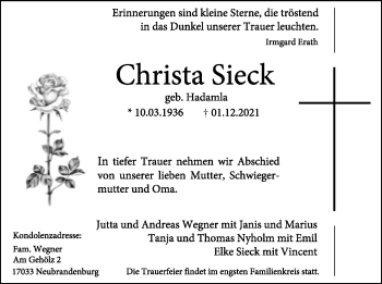 Anzeige  Christa Sieck  Lippische Landes-Zeitung