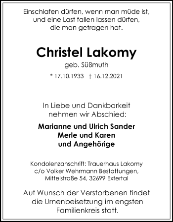 Anzeige  Christel Lakomy  Lippische Landes-Zeitung
