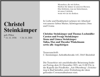 Anzeige  Christel Steinkämper  Lippische Landes-Zeitung