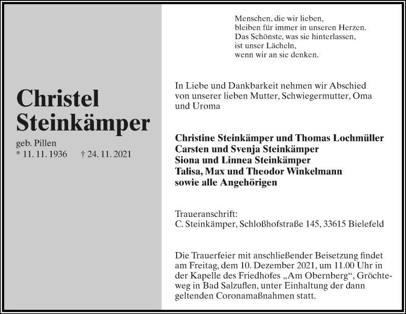  Traueranzeige für Christel Steinkämper vom 04.12.2021 aus Lippische Landes-Zeitung