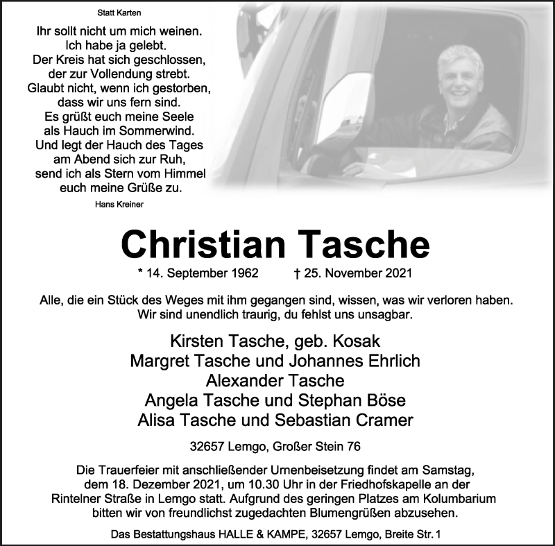  Traueranzeige für Christian Tasche vom 11.12.2021 aus Lippische Landes-Zeitung