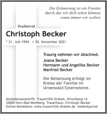 Anzeige  Christoph Becker  Lippische Landes-Zeitung