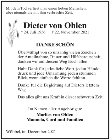 Anzeige  Dieter von Ohlen  Lippische Landes-Zeitung