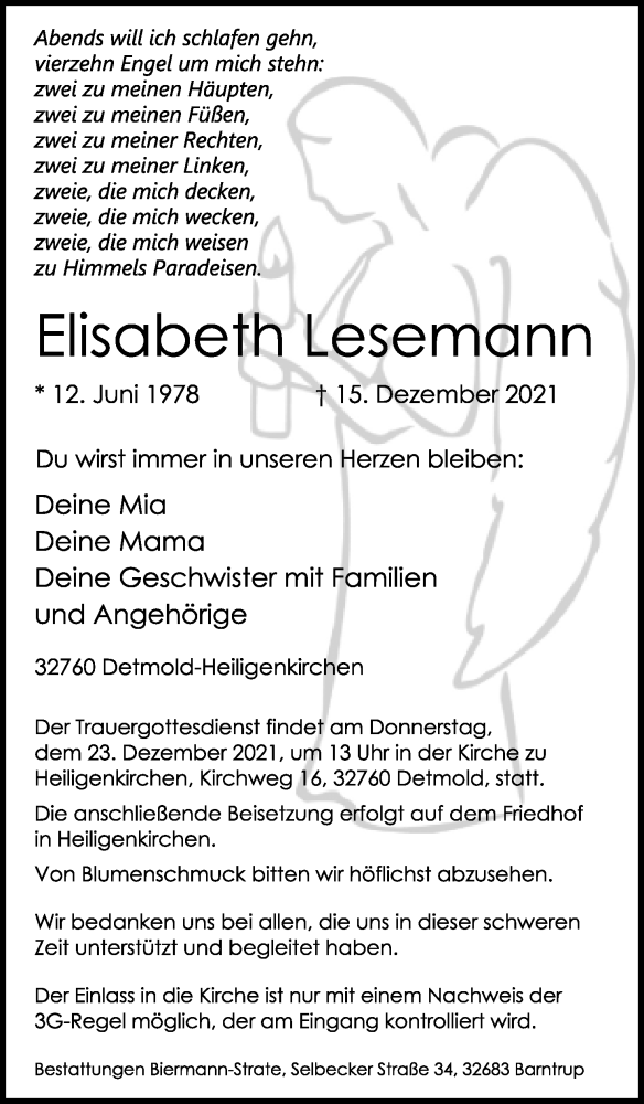  Traueranzeige für Elisabeth Lesemann vom 18.12.2021 aus Lippische Landes-Zeitung