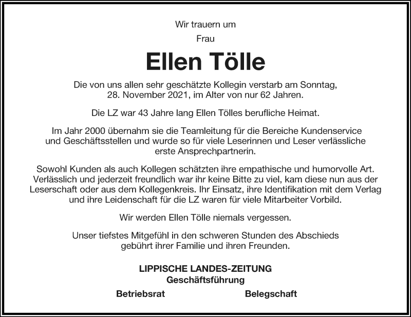  Traueranzeige für Ellen Tölle vom 04.12.2021 aus Lippische Landes-Zeitung