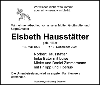 Anzeige  Elsbeth Hausstätter  Lippische Landes-Zeitung