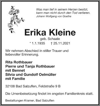 Anzeige  Erika Kleine  Lippische Landes-Zeitung