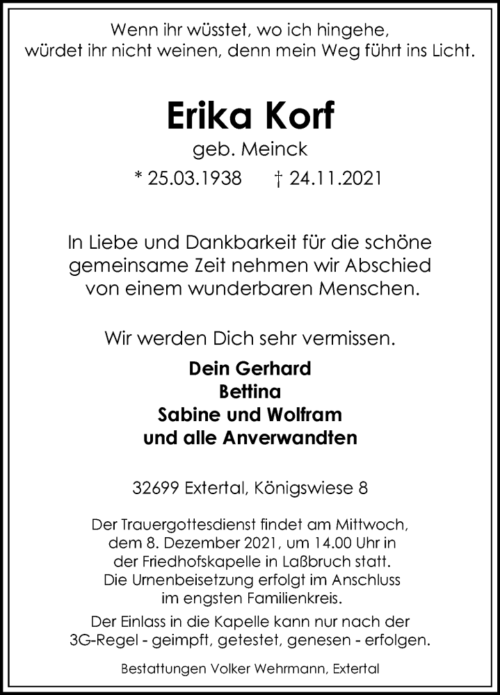  Traueranzeige für Erika Korf vom 04.12.2021 aus Lippische Landes-Zeitung