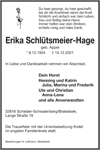 Anzeige  Erika Schlütsmeier-Hage  Lippische Landes-Zeitung