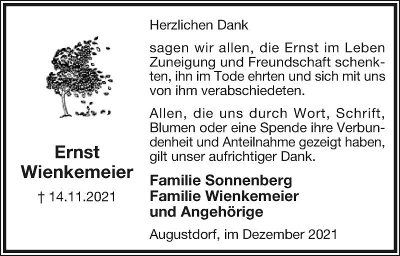  Traueranzeige für Ernst Wienkemeier vom 11.12.2021 aus Lippische Landes-Zeitung