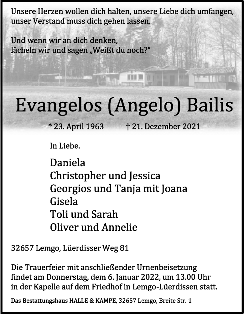  Traueranzeige für Evangelos Bailis vom 31.12.2021 aus Lippische Landes-Zeitung